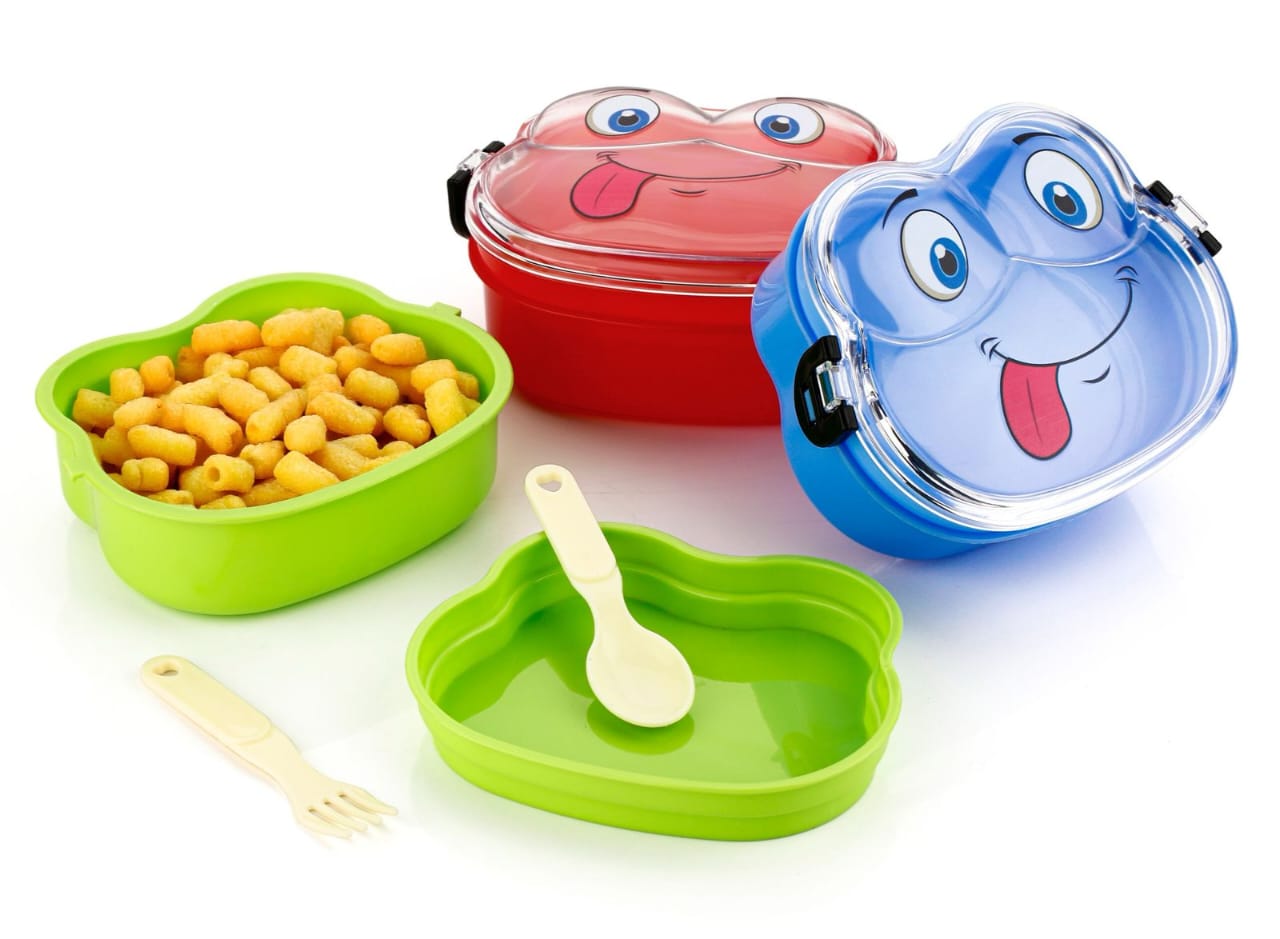 Miso station character themed kids lunch box set in red, blue, and green with matching fork and spoon utensils.