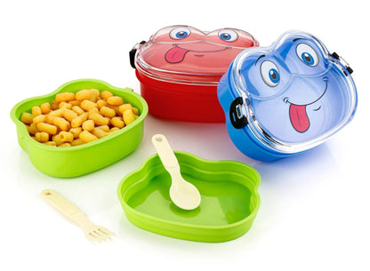 Miso station character themed kids lunch box set in red, blue, and green with matching fork and spoon utensils.