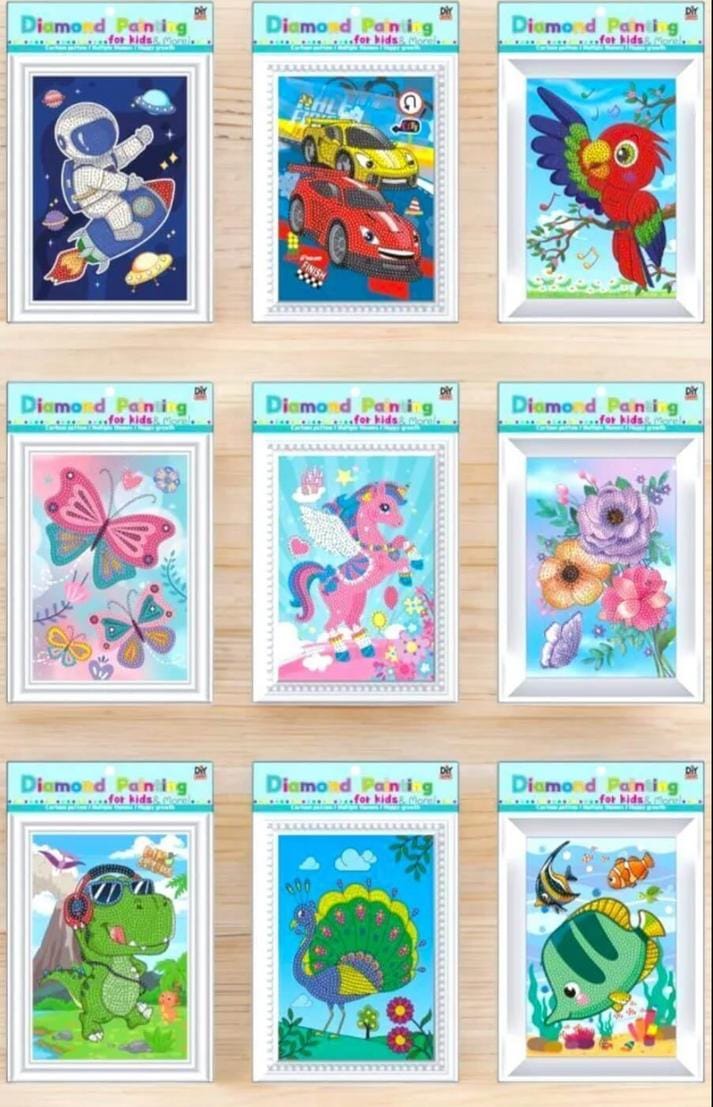Miso station assorted kids diamond painting craft kits featuring vibrant animal, vehicle, and floral designs.