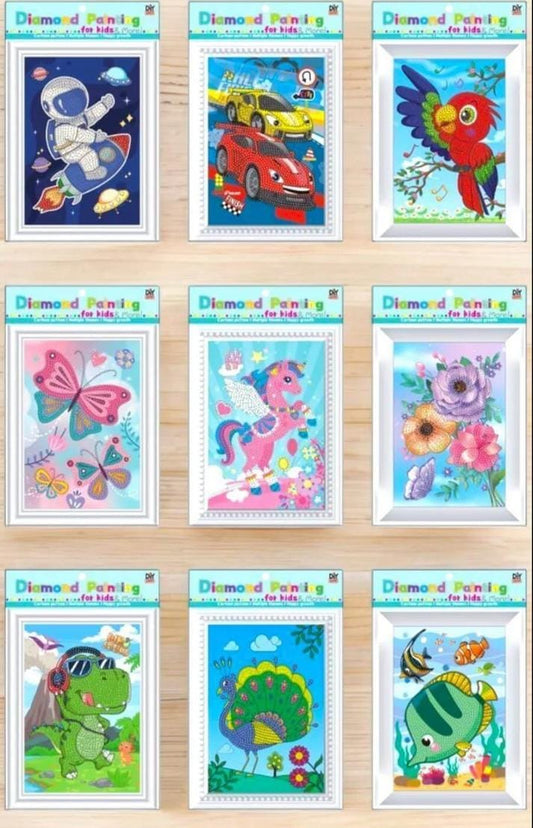 Miso station assorted kids diamond painting craft kits featuring vibrant animal, vehicle, and floral designs.