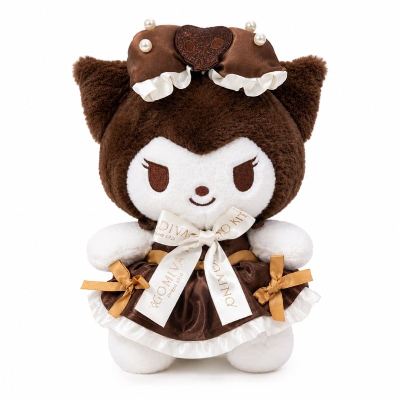 Miso station Kuromi plush toy in brown and cream with a chocolate-inspired dress, satin ribbons, and pearl accents.