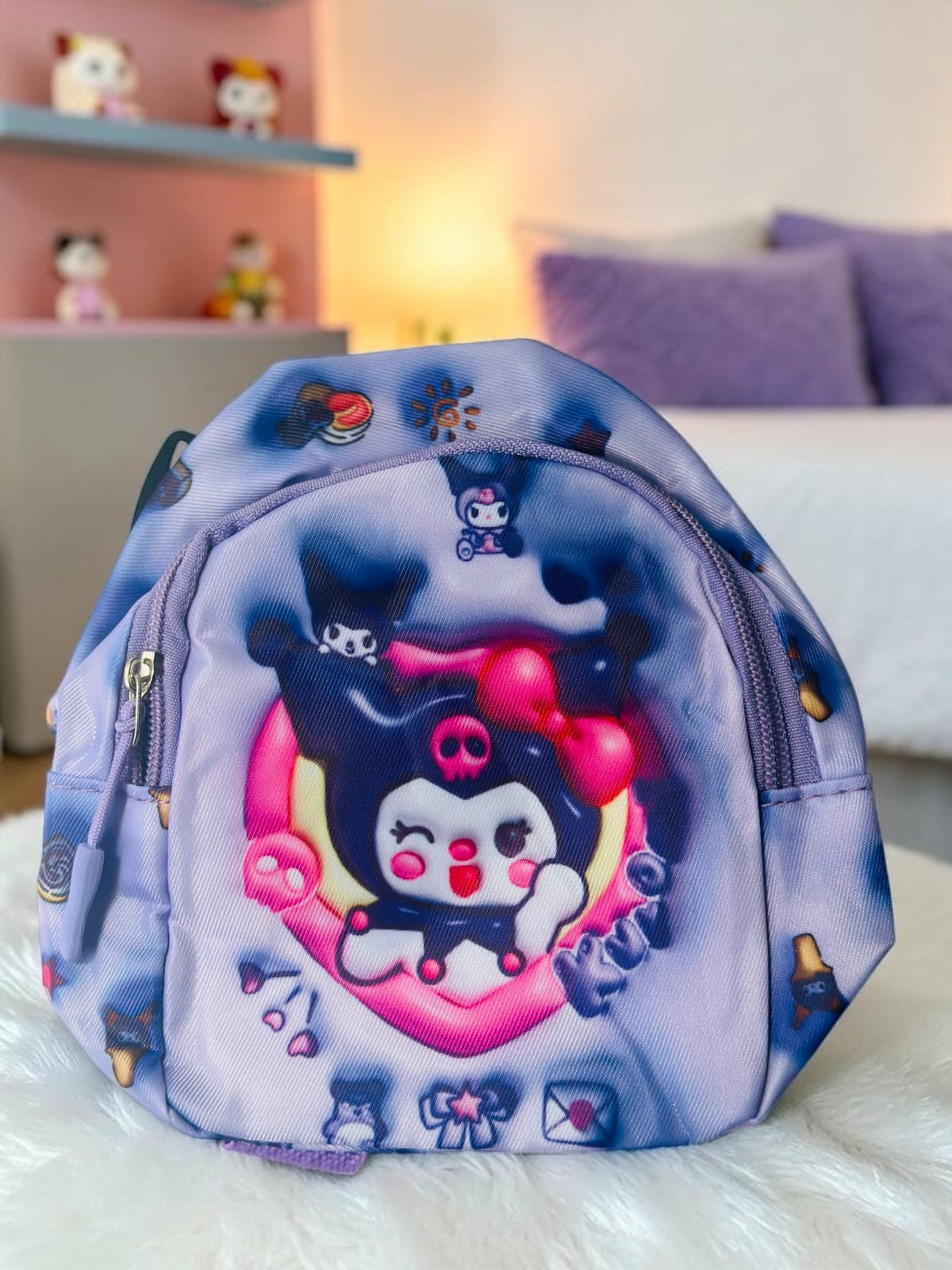 Miso station Kuromi mini sling backpack in purple with vibrant character print and secure zipper closure