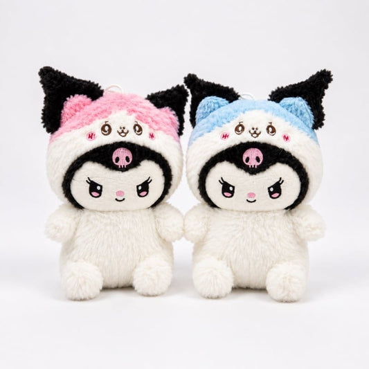 Miso station Kuromi-inspired plush toys in pink and blue hoods with embroidered skull motifs and soft white bodies.