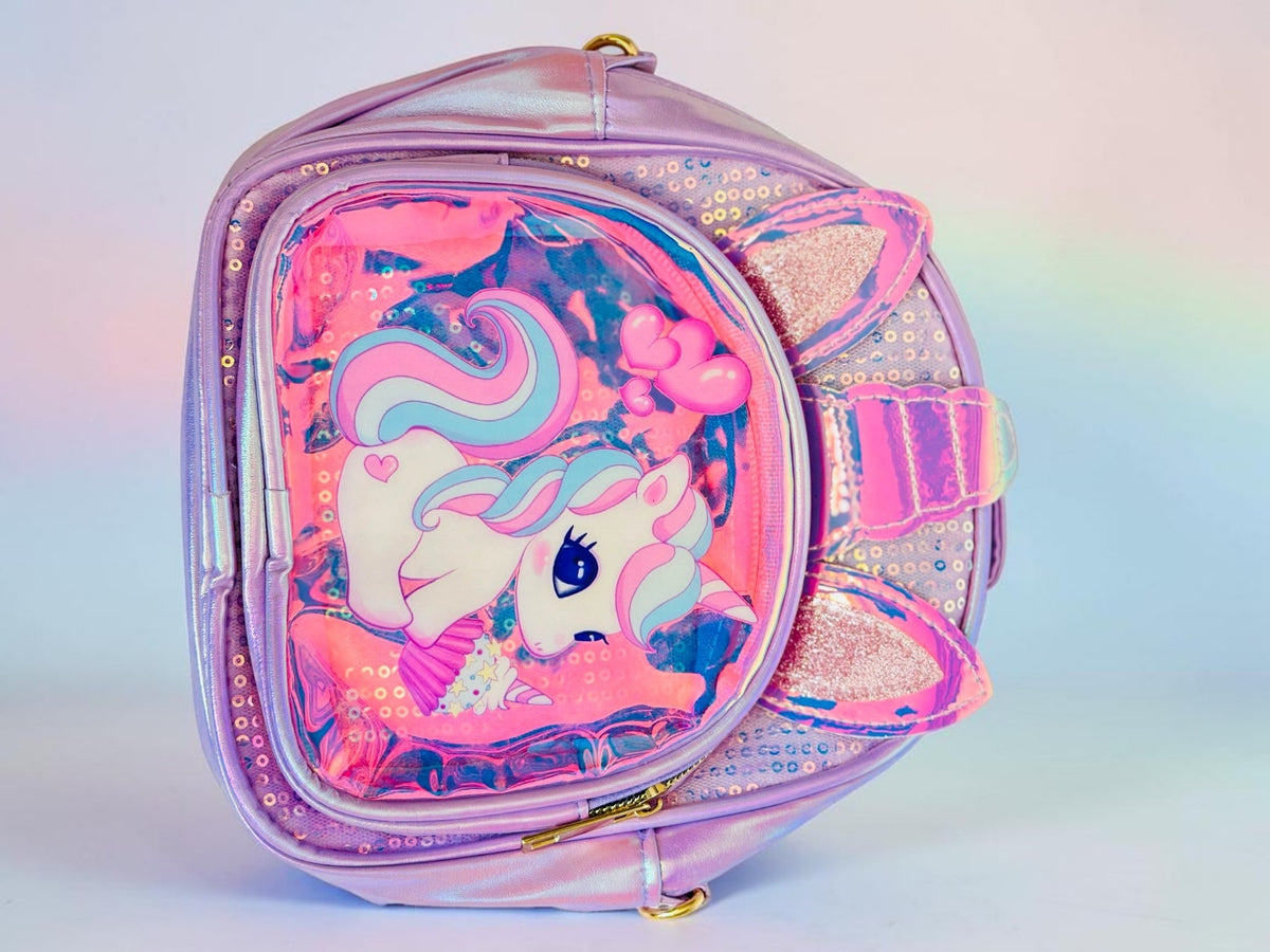 Miso station lavender holographic children's unicorn backpack with glittery 3D ears and front graphic pocket