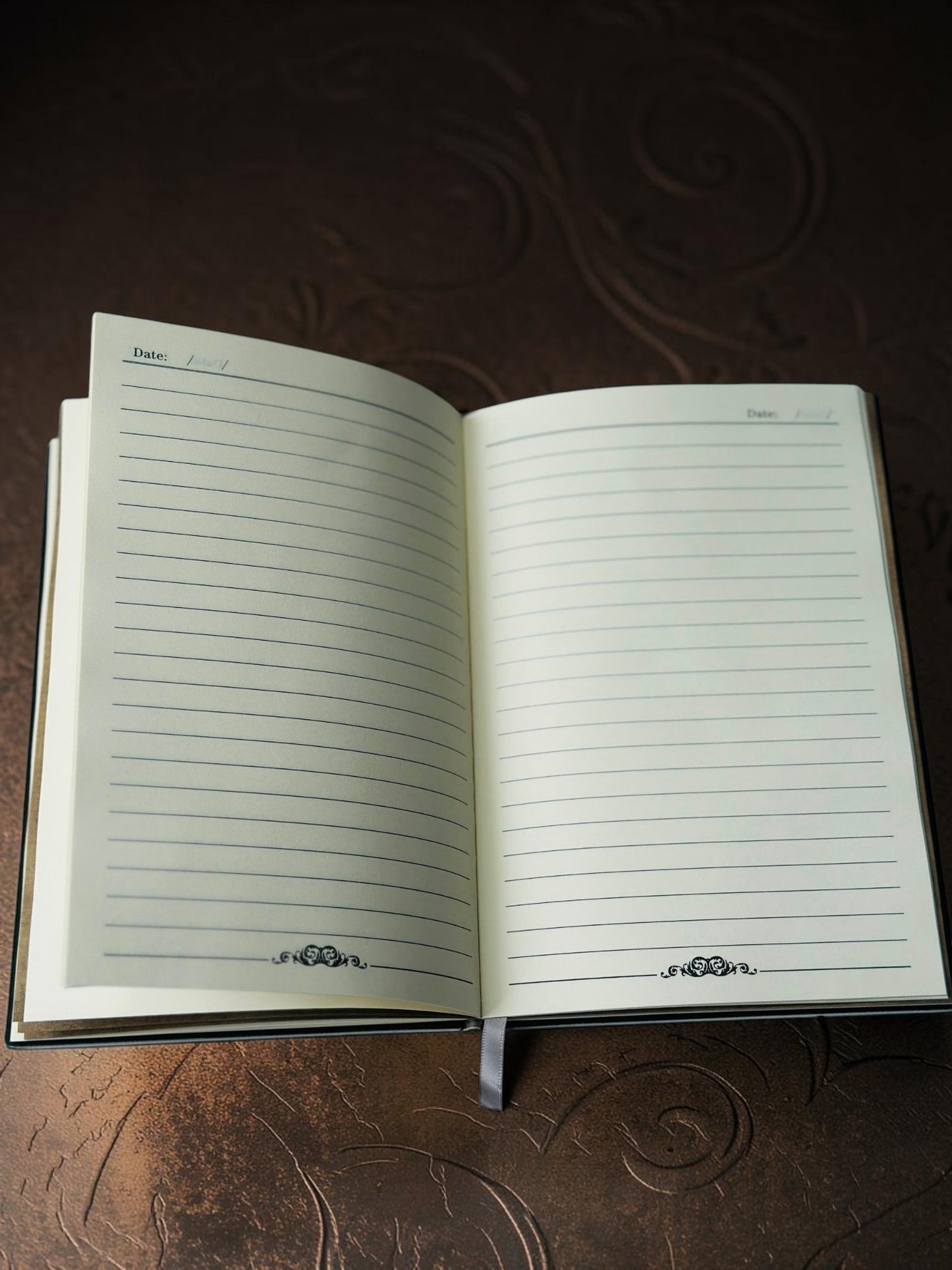 Miso station open journal with lined pages, date fields, and decorative flourishes on a white textured background.