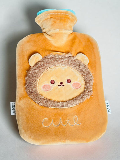 Miso station plush hot water bottle in mustard yellow with a cute embroidered lion character and soft velvet cover.