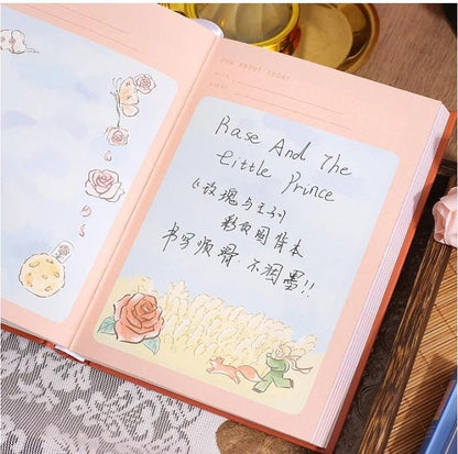 Miso station Rose and the Little Prince hardcover journal with whimsical floral illustrations and handwritten notes