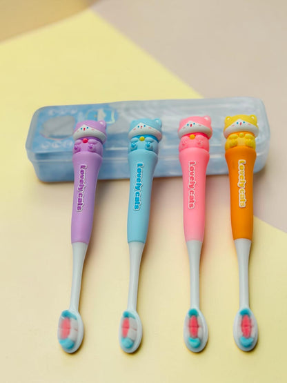 Miso station Lovely Cats children's toothbrushes in purple, blue, pink, and orange with matching travel cases.