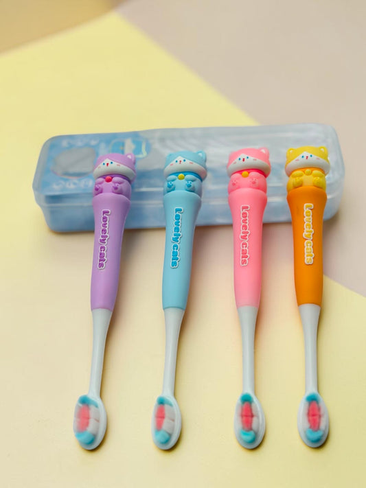 Miso station Lovely Cats children's toothbrushes in purple, blue, pink, and orange with matching travel cases.