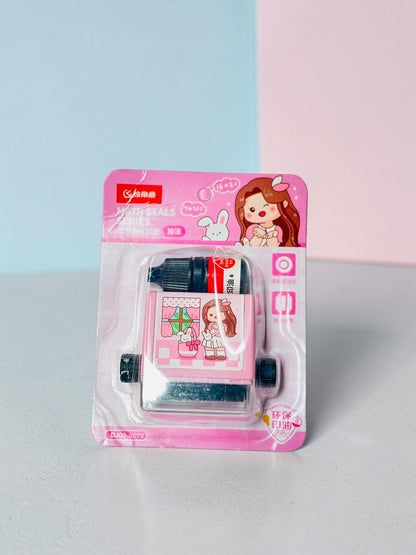 Miso station educational math roller stamp with pink character design and ink refill bottle in retail packaging