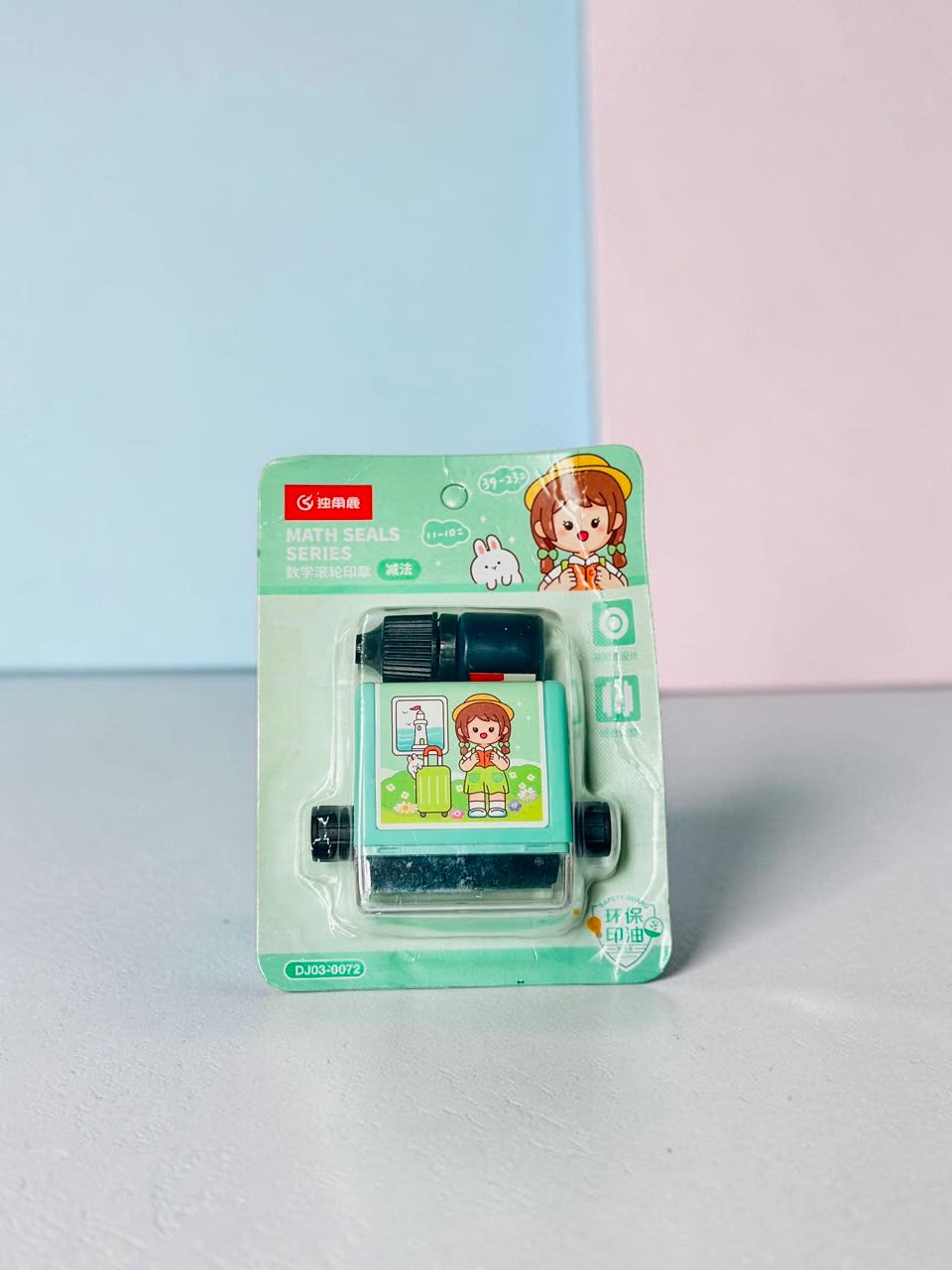 Miso station math roller stamp with cute character design and ink refill bottle in blister packaging