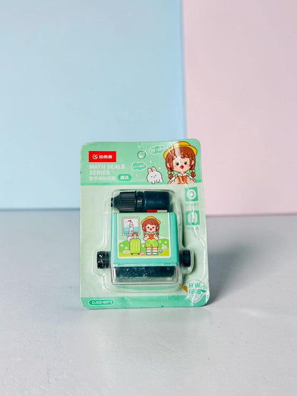 Miso station math roller stamp with cute character design and ink refill bottle in blister packaging