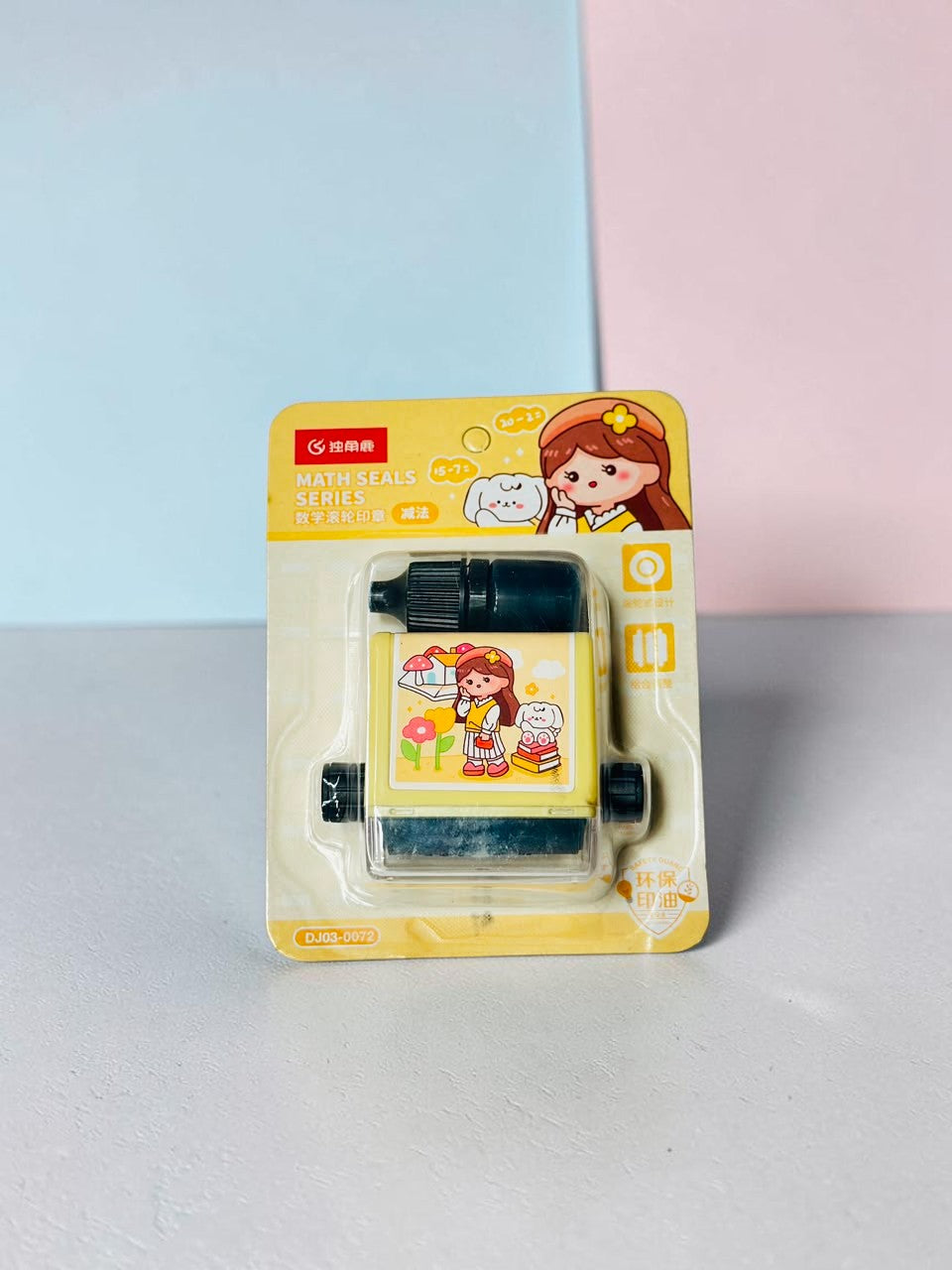 Miso station math roller stamp with yellow casing and cute anime girl illustration for arithmetic practice