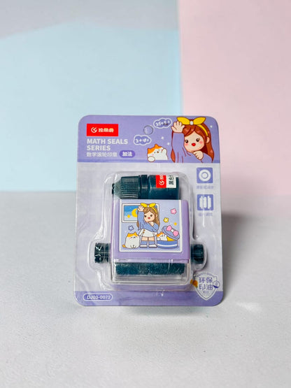 Miso station math roller stamp in purple with cute character design and ink refill bottle in retail packaging