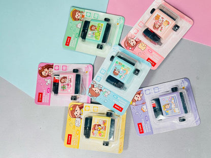 Miso station educational math roller stamps in various pastel colors with cute character designs and ink refills.