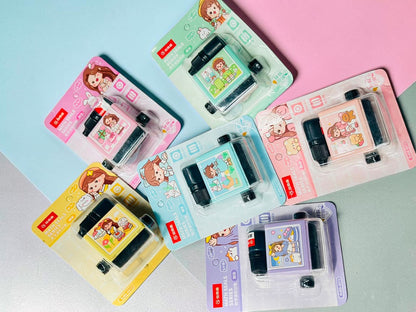 Miso station math roller stamps in assorted pastel colors with cute character packaging and ink refill bottles.