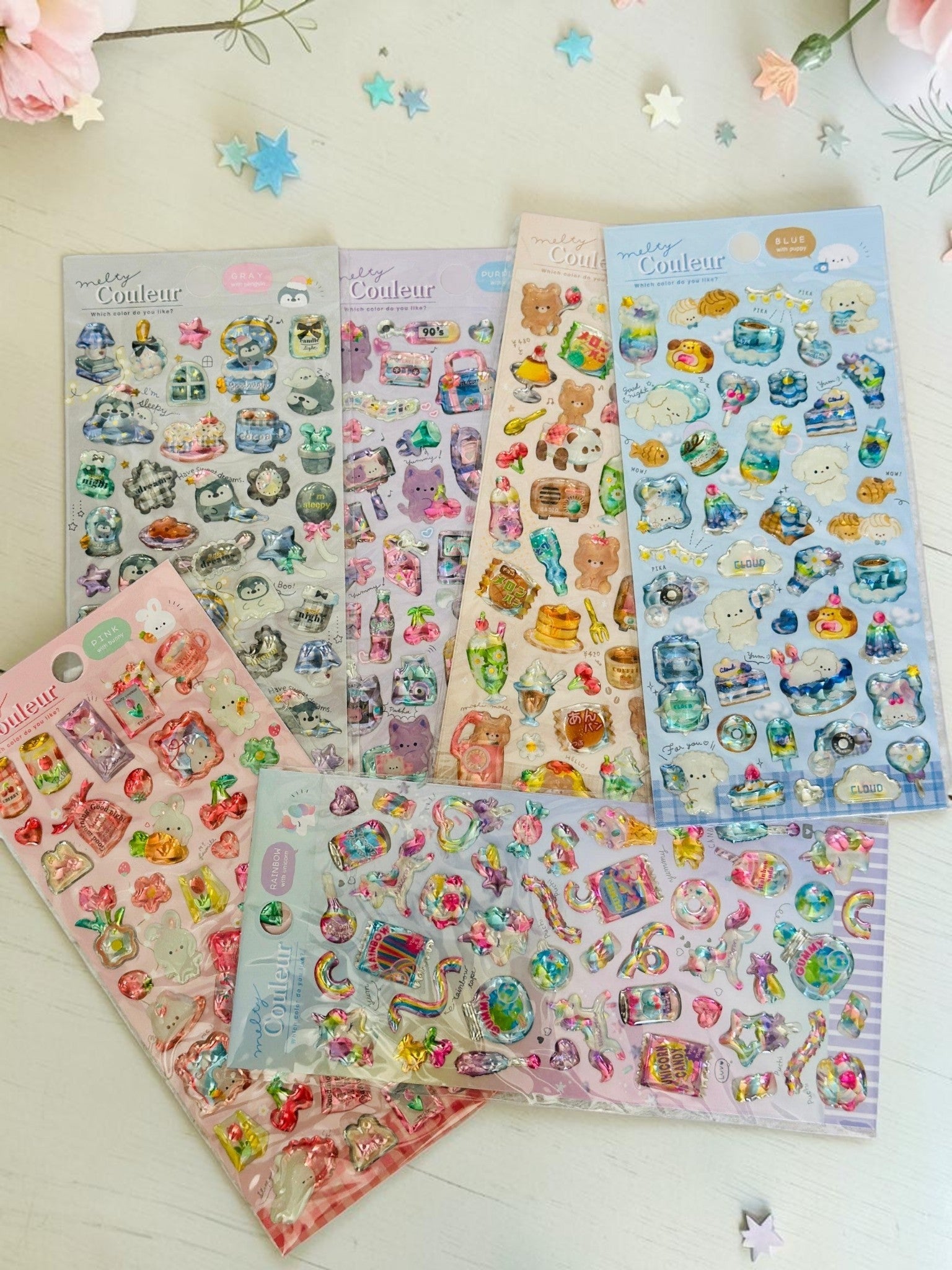 Miso station Melty Couleur puffy sticker sheets featuring colorful animals, sweets, and retro icons on various backgrounds