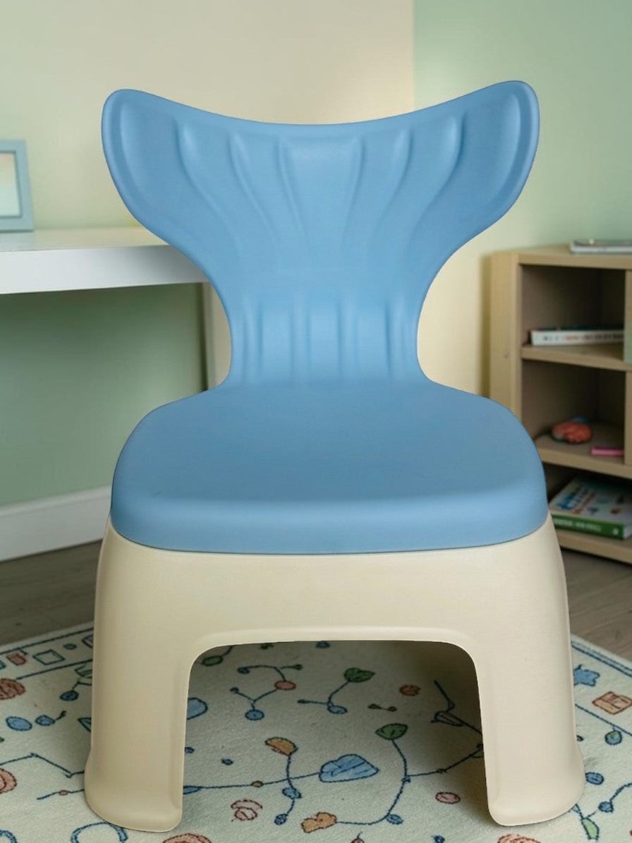 Miso station ergonomic toddler chair in blue and cream with a whimsical mermaid tail backrest for playrooms.