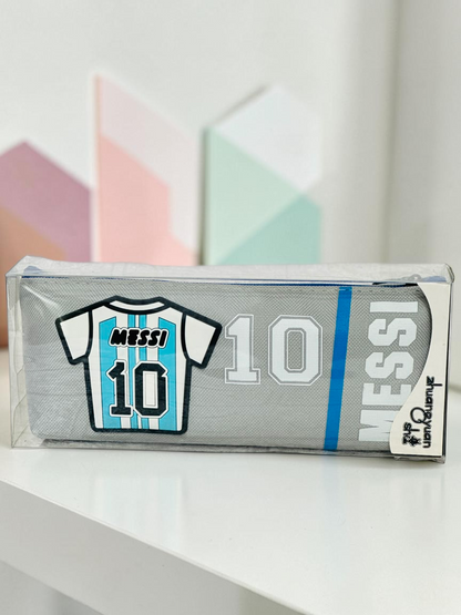 Miso station soccer jersey themed pencil case in grey with Messi number 10 graphic in a clear protective box