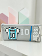 Miso station soccer jersey themed pencil case in grey with Messi number 10 graphic in a clear protective box