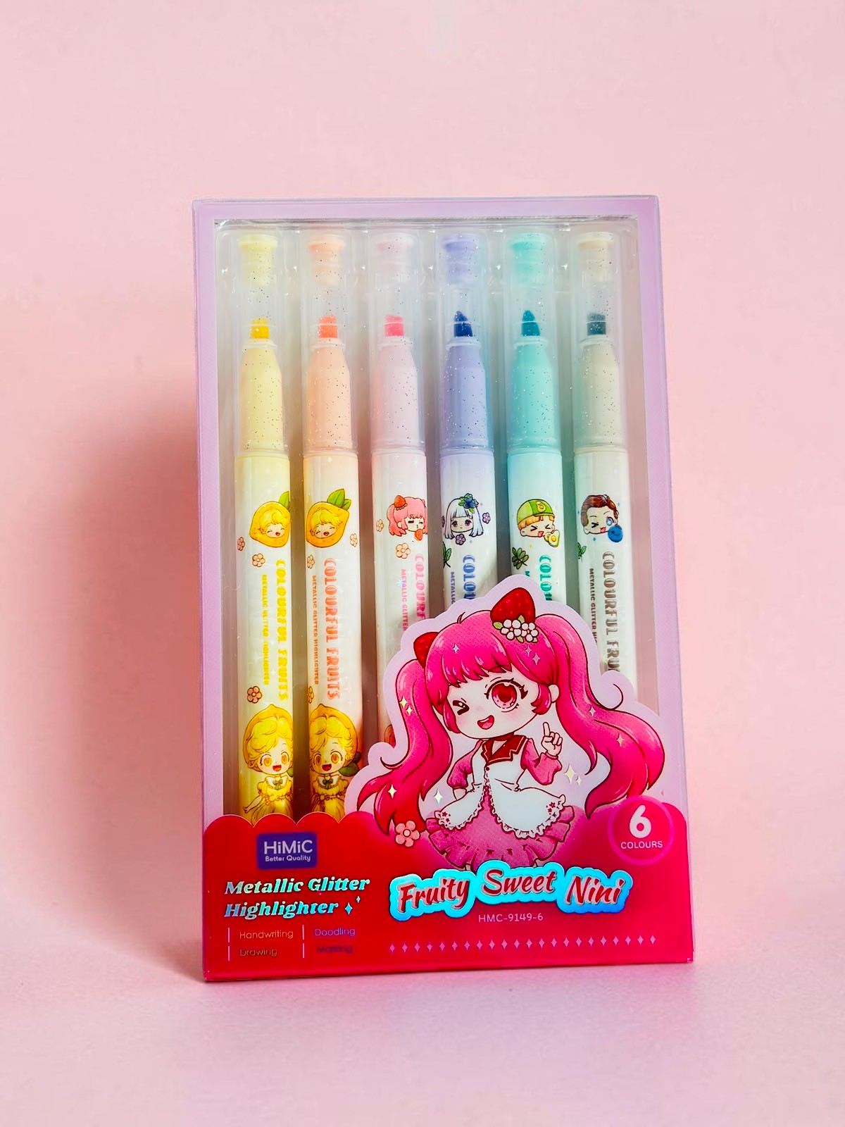 Miso station set of six pastel metallic glitter highlighters with cute anime character designs in pink packaging