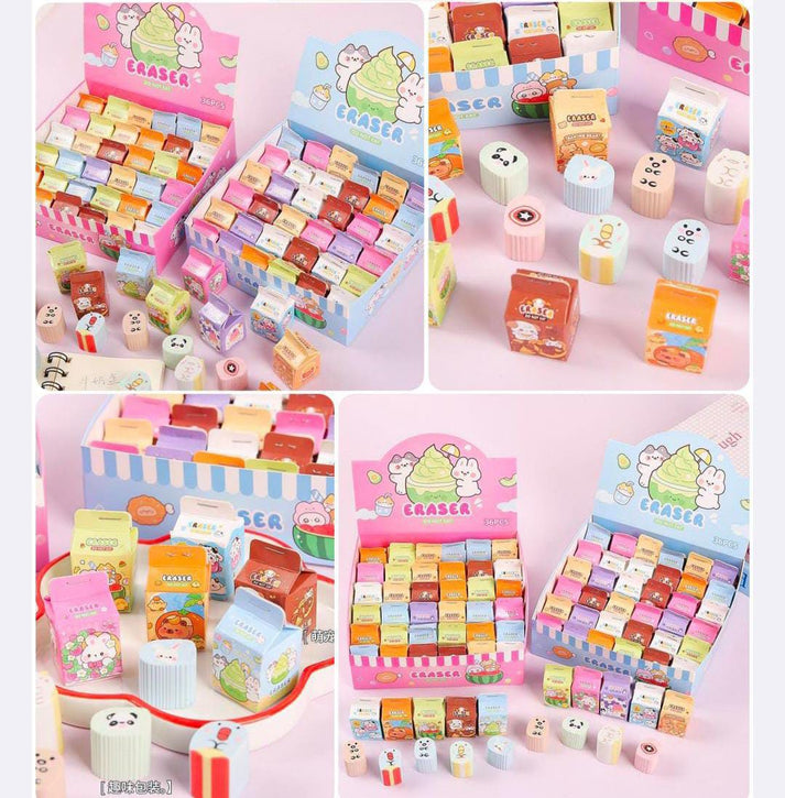 Miso station milk carton shaped erasers featuring cute animal illustrations in a colorful display box set