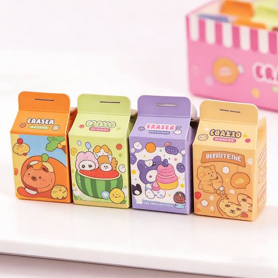 Miso station milk carton shaped erasers with cute animal and food illustrations in vibrant colors