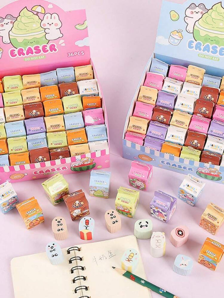 Miso station milk carton shaped erasers in colorful designs with cute animal illustrations in display boxes