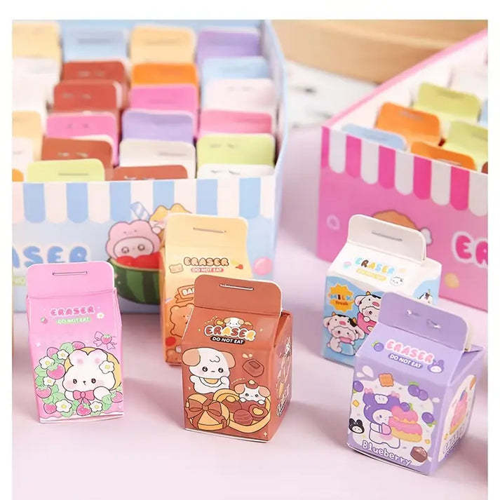 Miso station milk carton shaped erasers featuring colorful animal illustrations in a display box
