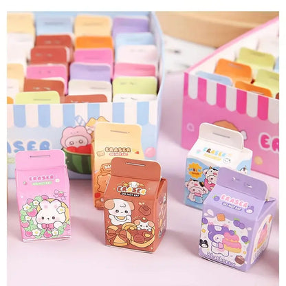 Miso station milk carton shaped erasers featuring colorful animal illustrations in a display box