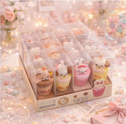 Miso station kawaii milk cup pencil sharpeners featuring cute animal characters in a clear display box set