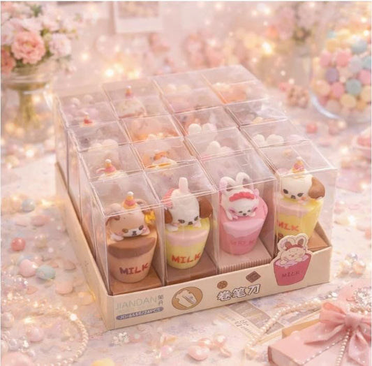 Miso station kawaii milk cup pencil sharpeners featuring cute animal characters in a clear display box set