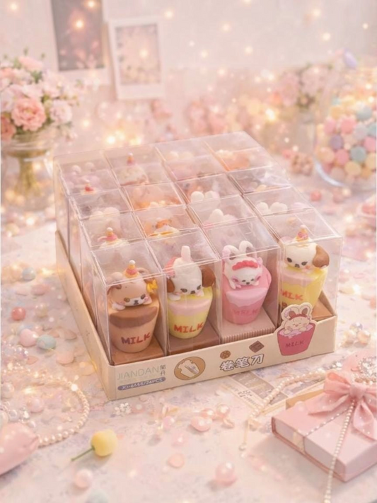 Miso station kawaii milk cup pencil sharpeners featuring cute animal characters in a clear display box set