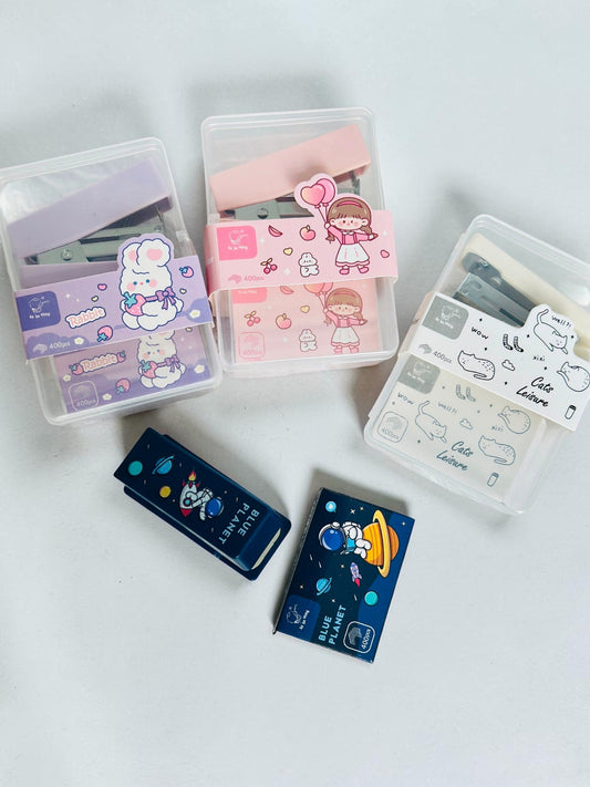 Miso station mini stapler sets with rabbit, girl, cat, and space themes in clear storage cases with 400 staples each.