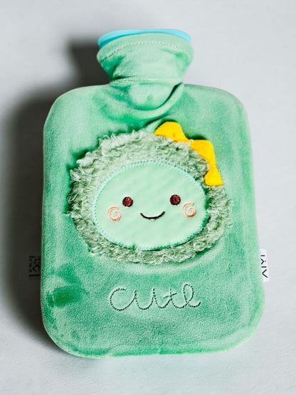 Miso station plush hot water bottle in mint green velvet with a cute embroidered character face and yellow bow