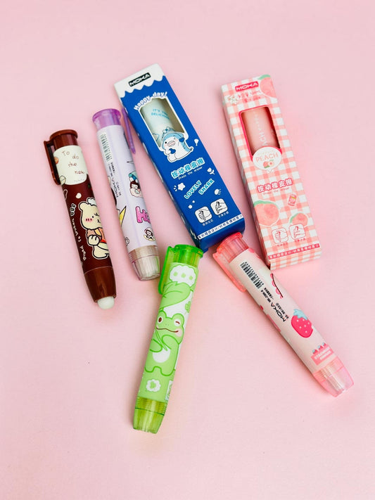 Miso station MOKA retractable pen-style erasers featuring cute animal and fruit designs on a pink background