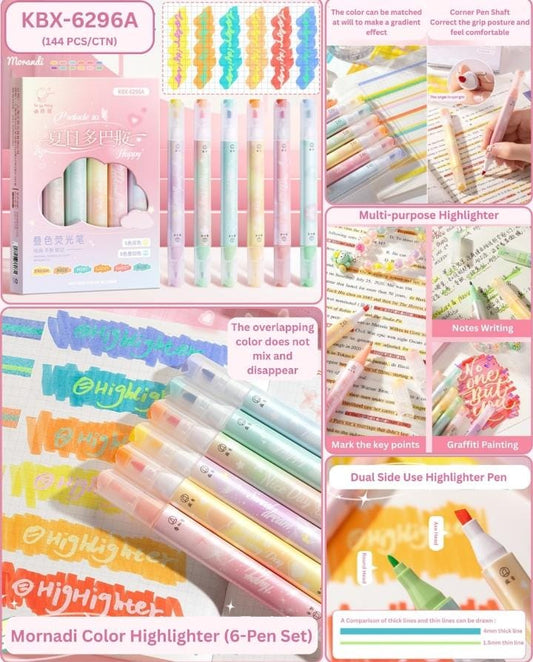 Miso station 6-piece dual-tip Morandi color highlighter set with chisel and fine tips for journaling and notes.