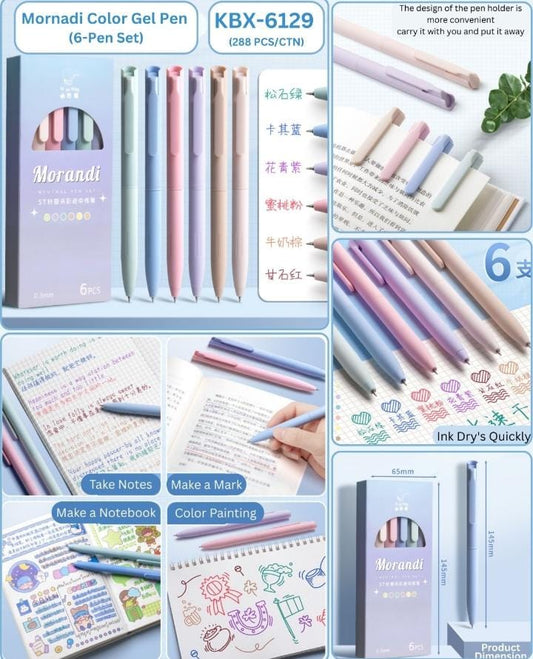 Miso station Mornadi 6-piece gel pen set in muted Morandi colors with 0.5mm tips and quick-dry ink for smooth writing.
