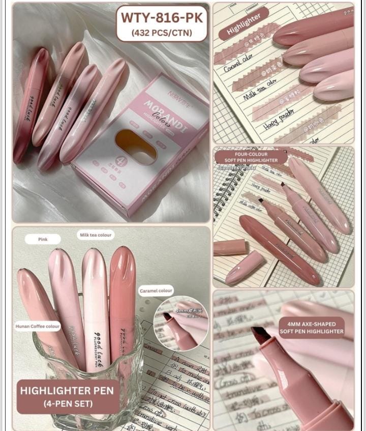 Miso station 4-piece Morandi soft tip highlighter set in muted pink, milk tea, caramel, and coffee tones on paper.