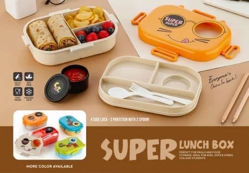 Miso station Super Duper lunch box with 2 compartments, matching spoon and fork, and leak-resistant 4-side locking lid.