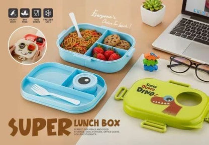 Miso station multi-compartment lunch box set with spoon and fork, featuring blue and green containers for kids.