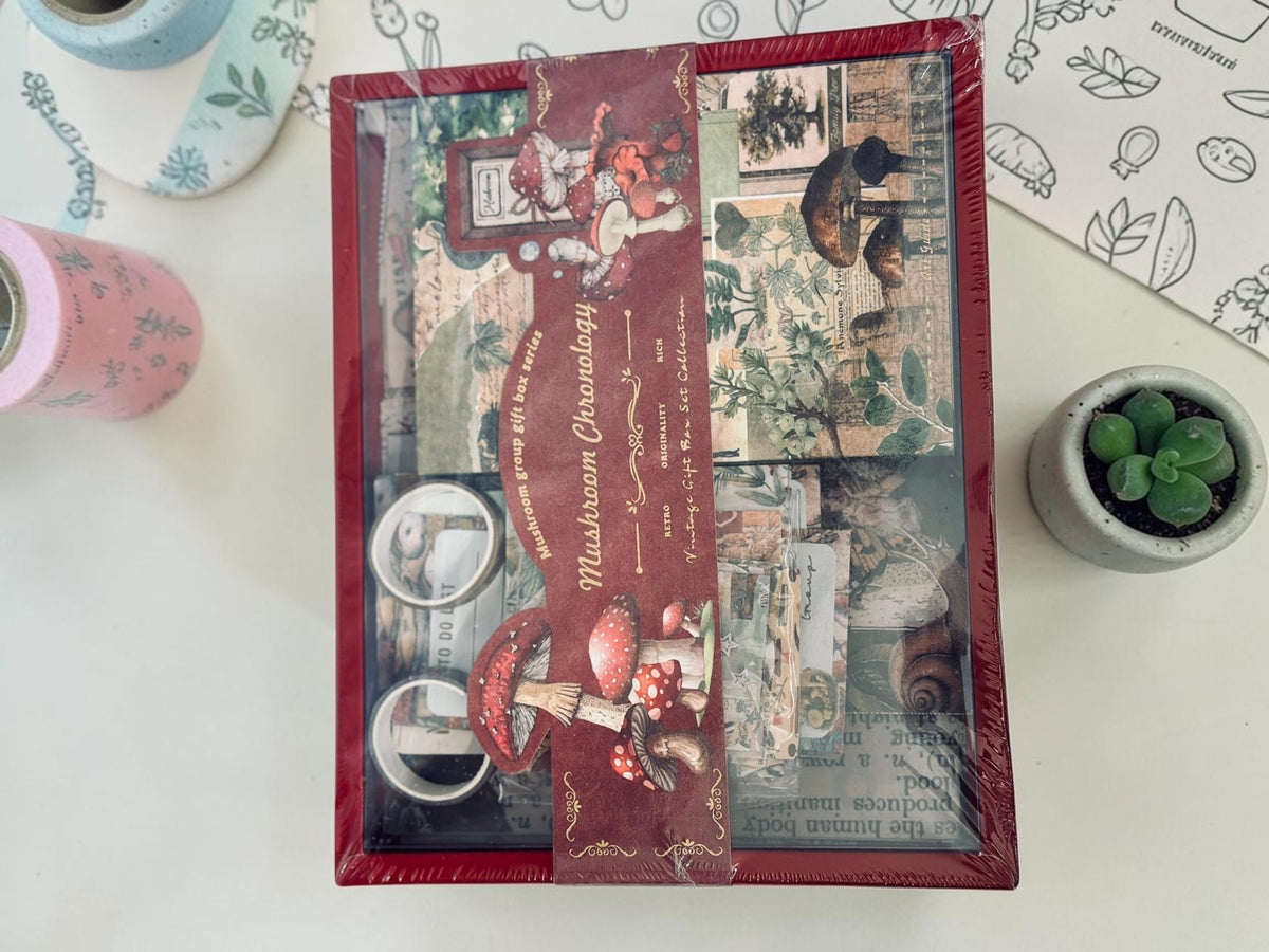 Miso station Mushroom Chronology vintage stationery gift box with decorative paper, stickers, and washi tape.