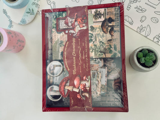 Miso station Mushroom Chronology vintage stationery gift box with decorative paper, stickers, and washi tape.