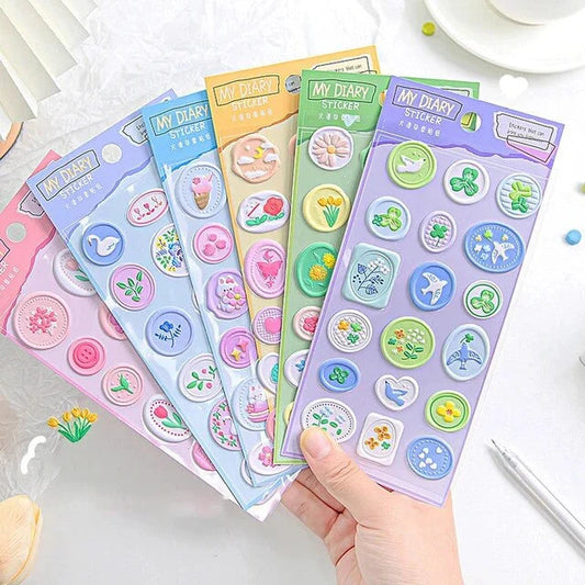 Miso station My Diary embossed adhesive sticker sheets featuring colorful floral, swan, and icon designs for journals.