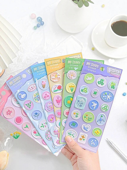 Miso station My Diary embossed adhesive sticker sheets featuring colorful floral, swan, and icon designs for journals.