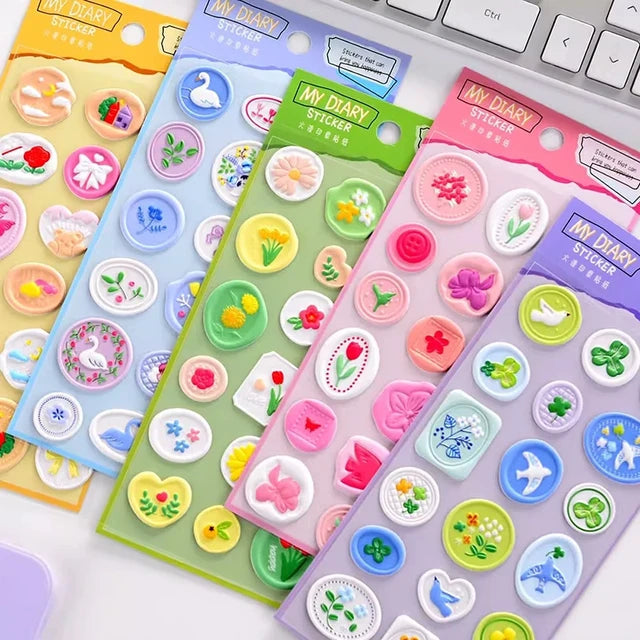 Miso station My Diary adhesive sticker sheets with embossed floral, swan, and icon designs in vibrant pastel colors.