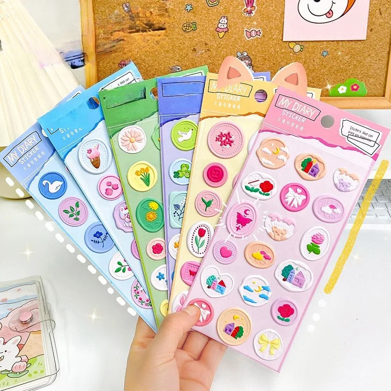 Miso station My Diary embossed adhesive sticker sheets featuring colorful floral, animal, and seasonal icons.