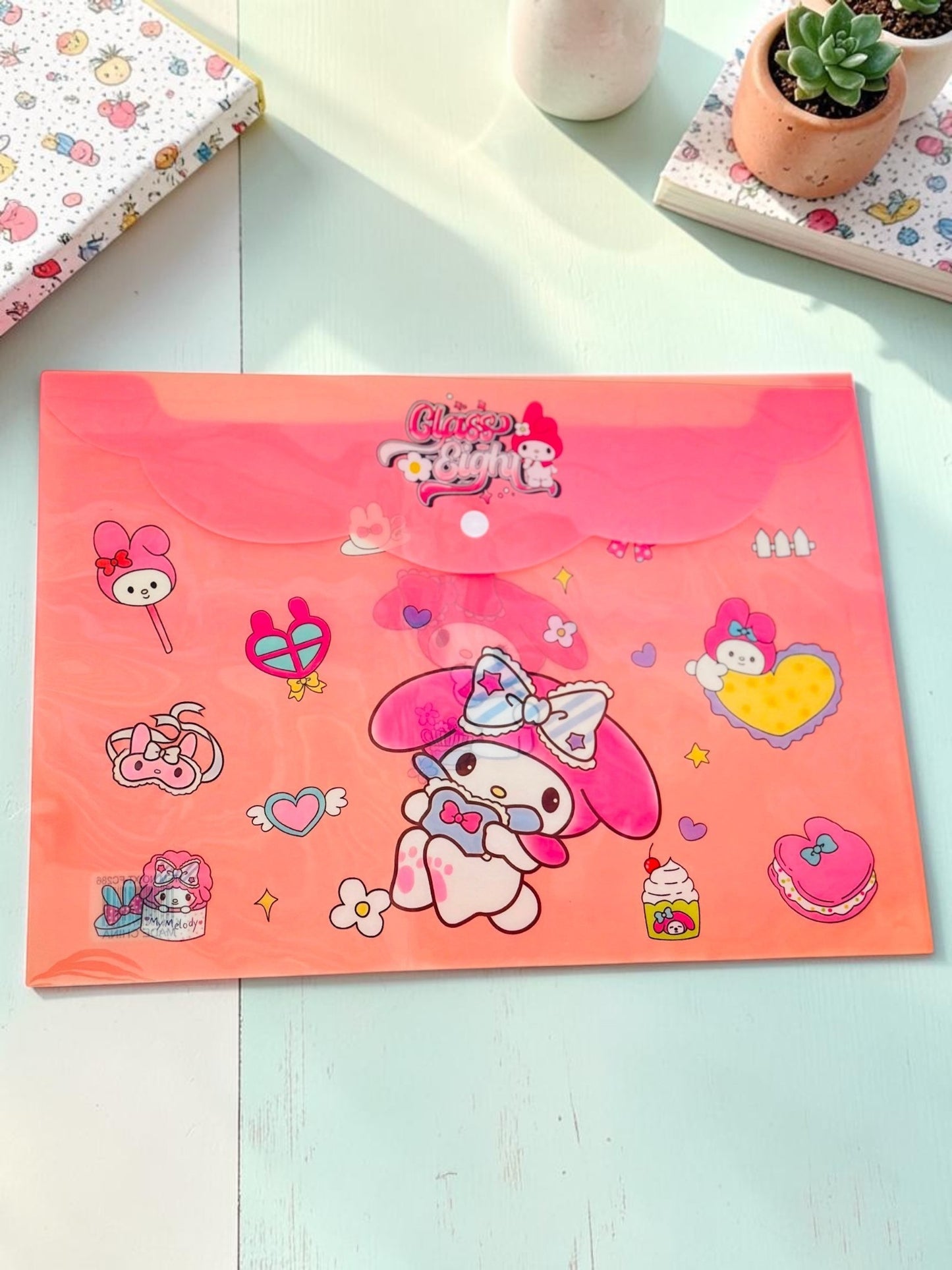 Miso station My Melody plastic document folder with snap-button closure and cute kawaii character illustrations