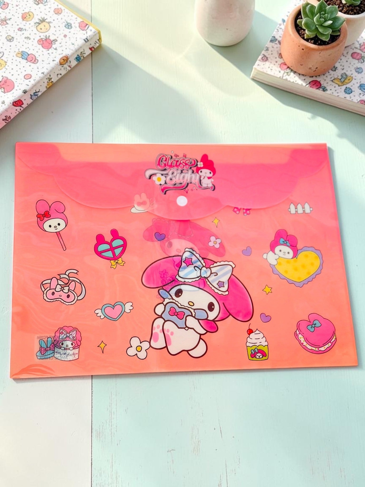 Miso station My Melody plastic document folder with snap-button closure and cute kawaii character illustrations