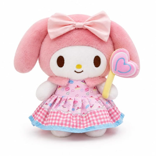 Miso station My Melody plush toy wearing a pink macaron print dress with a heart wand and matching bow